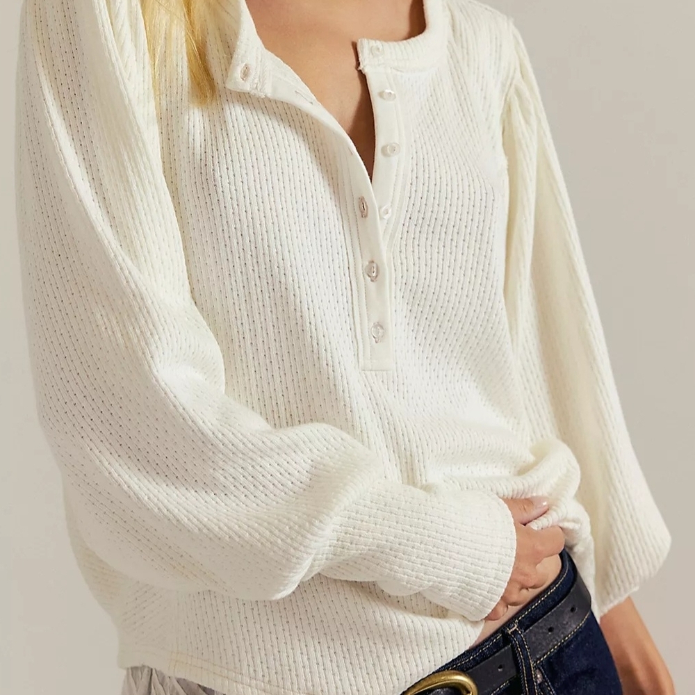 Free People Cream Waffle-Knit Henley Long-Sleeve Top